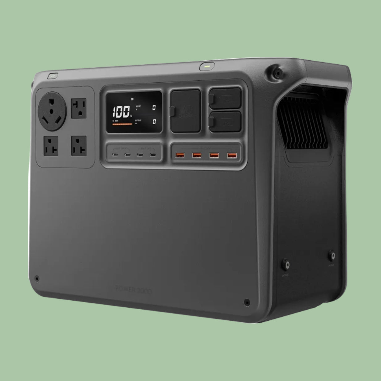 Portable power station with multiple outlets and display on a white background
