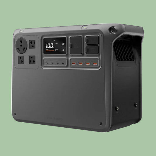 Portable power station with multiple outlets and display on a white background